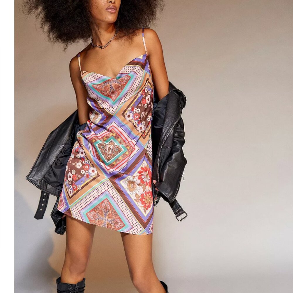 UO Printed Mallory Cowl Slip Mini Dress